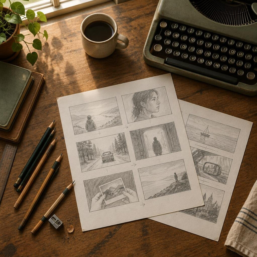 Hand-drawn storyboard sketches and a typewriter on a desk