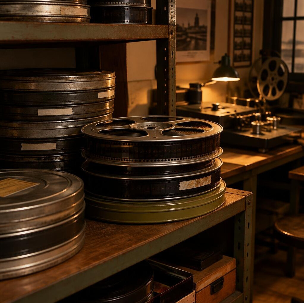 Reels of film stacked in an editing room