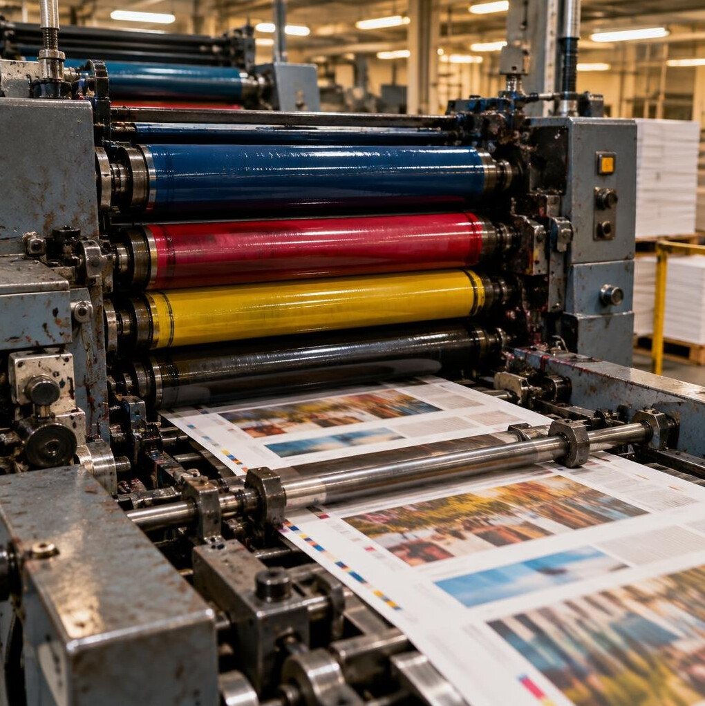 Offset printing press running a print job