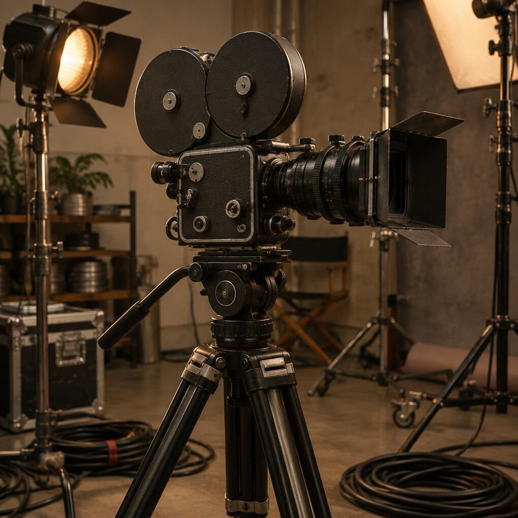 Vintage film camera on a tripod in a studio