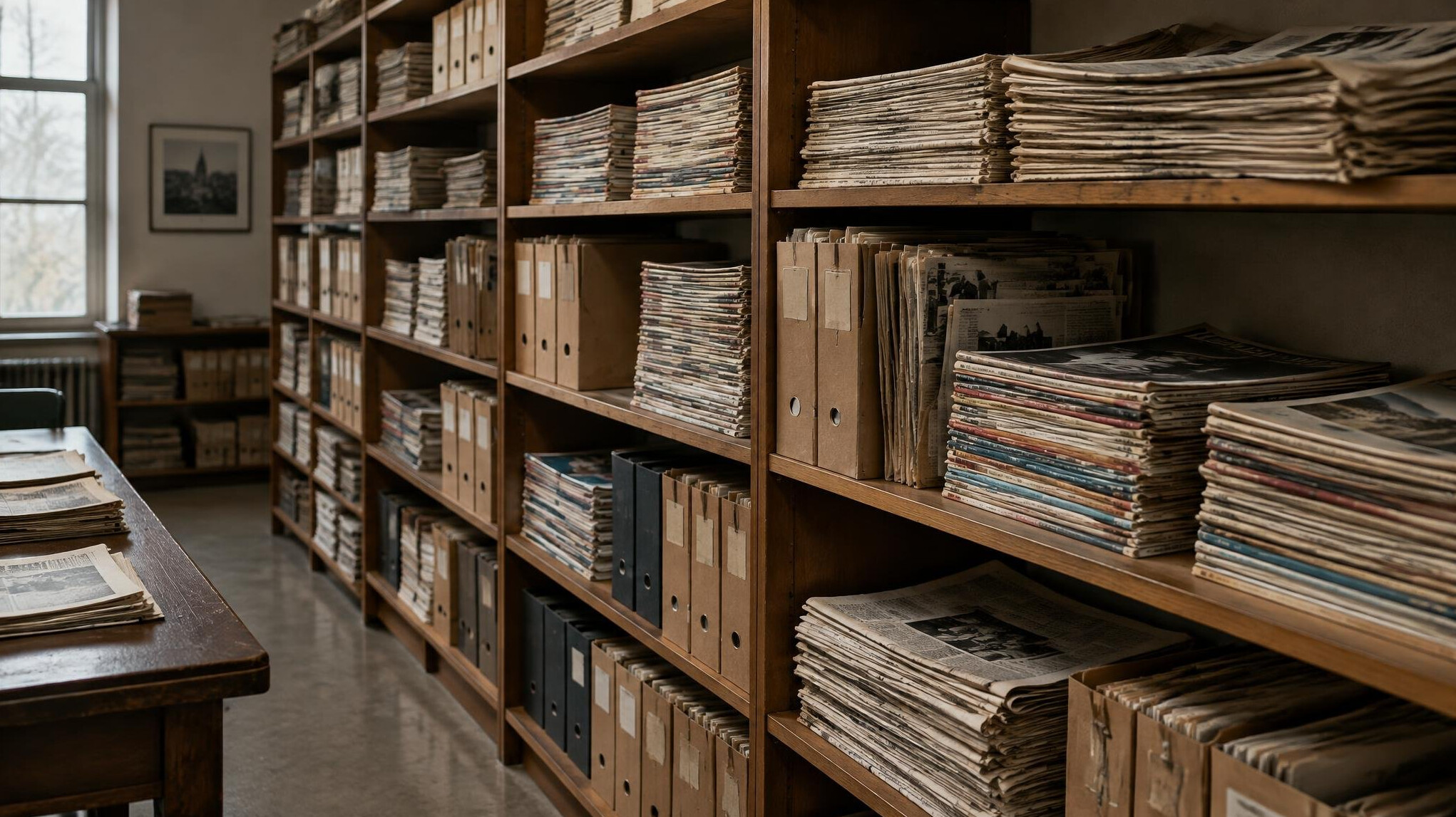 Shelves of archived magazines and press clippings