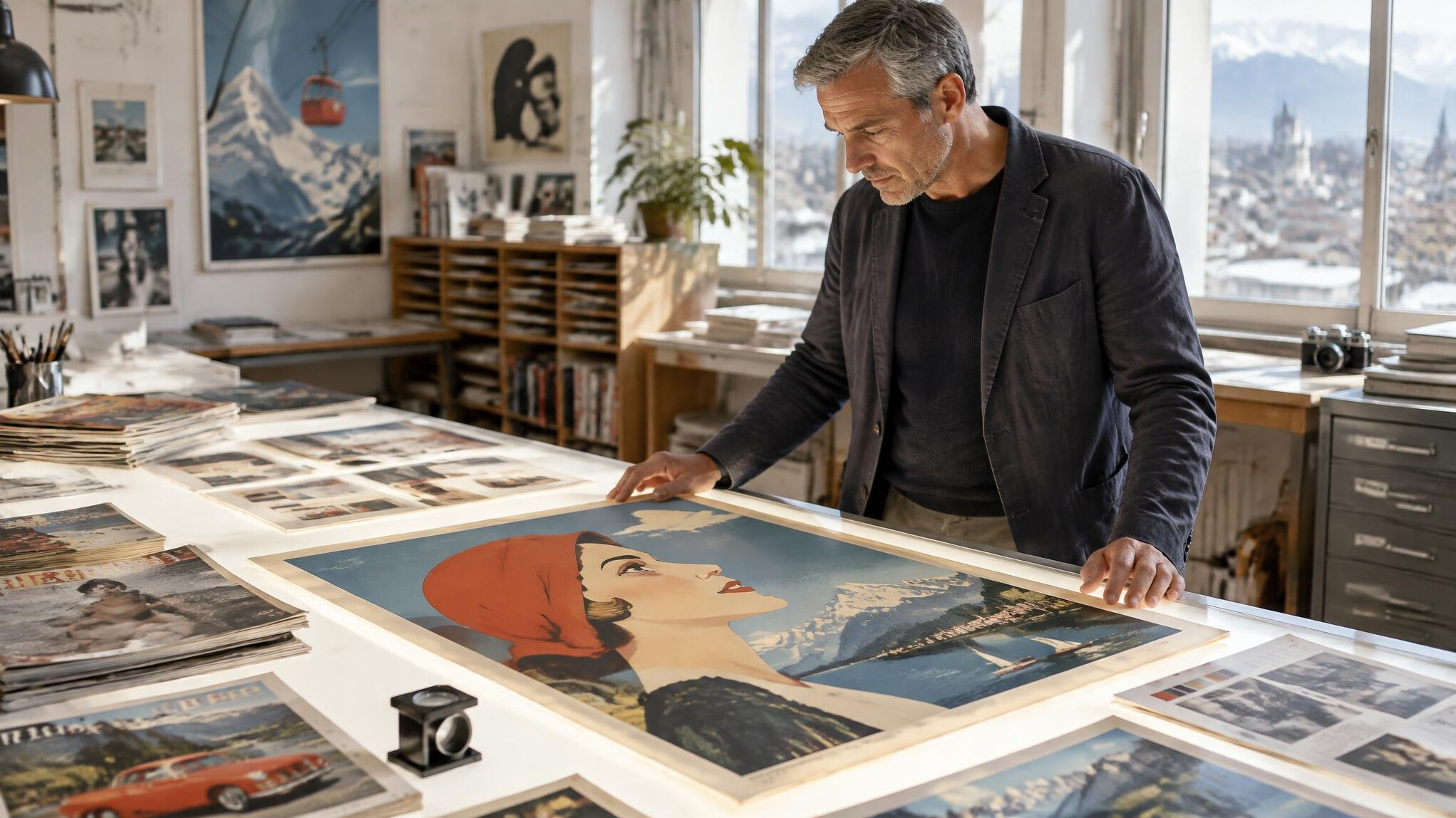 Graphic designer reviewing vintage advertising posters on a light table
